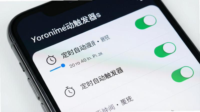 主体为手机屏幕特写,显示一个简洁的自动化任务列表界面,布局清晰,排版整齐,风格现代极简,细节包含时间轴图标和开关按钮,文字显示“定时自动触发器”,画质高清,干净,无多余元素