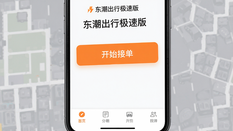 主体为东潮出行极速版APP手机界面特写,布局为竖屏全屏展示,顶部显示“东潮出行极速版”标题,中间为巨大的橙色“开始接单”按钮,底部为简洁的菜单栏,风格为现代扁平化UI设计,细节清晰,画质高清,干净无多余元素,文字“东潮出行极速版”清晰可见