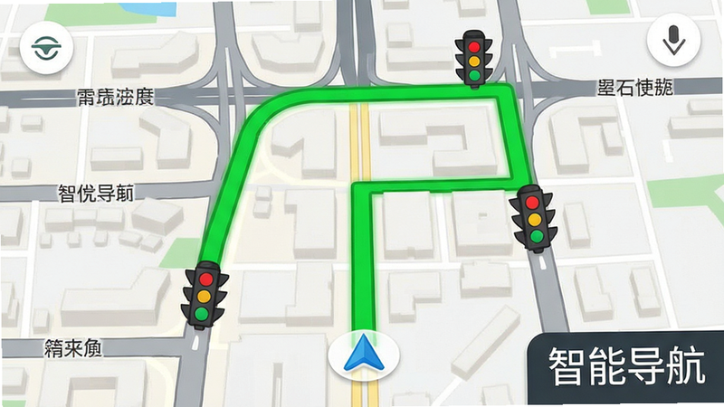 主体为城市地图导航界面,布局为俯视视角,高亮显示一条绿色最优路径,排版简洁明了,风格为实用主义,细节为道路名称与红绿灯图标,画质清晰,干净无广告干扰,文字“智能导航”位于角落