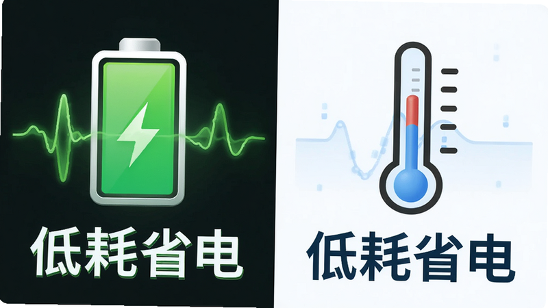 主体为手机电池充电图标与温度计图标对比,布局为左右分栏,左侧显示电池满格,右侧显示低温状态,排版对称,风格清新简约,细节为绿色能量波,画质高保真,干净无杂色,文字“低耗省电”醒目