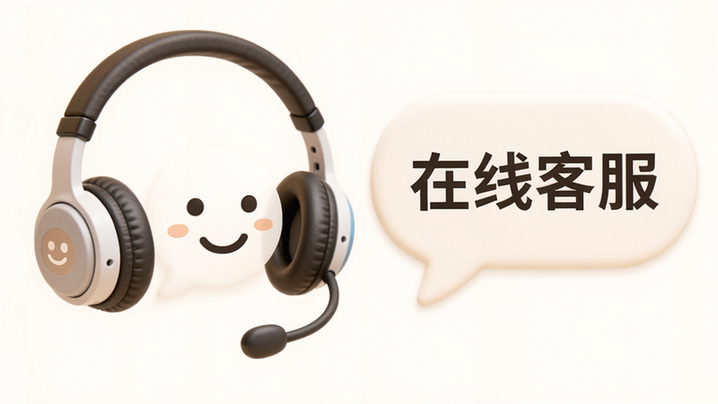 主体为客服耳机与对话气泡,布局为左侧耳机右侧气泡,排版平衡,风格温馨专业,细节为微笑表情图标,画质柔和,干净无杂乱背景,文字“在线客服”醒目