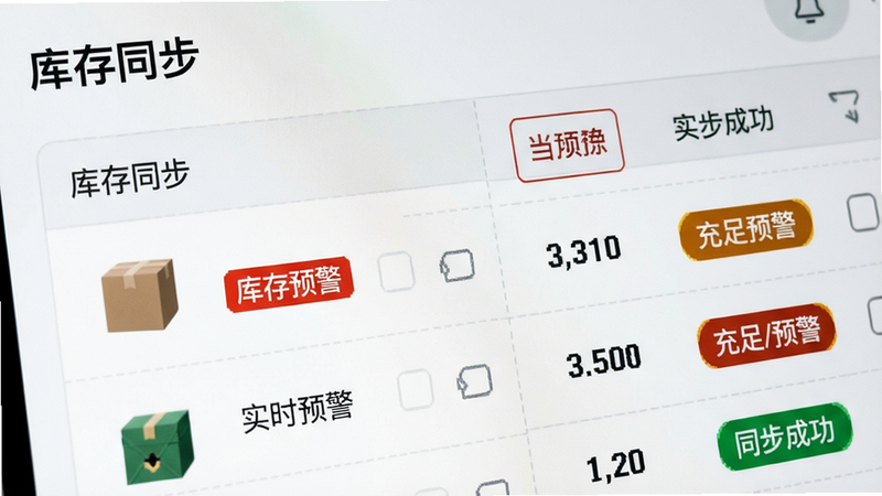 主体为库存管理界面特写,布局展示商品列表,每行包含商品图片、名称、当前库存数与状态标签(充足/预警)。风格为极简商务风,背景为浅灰色网格,细节处高亮显示红色