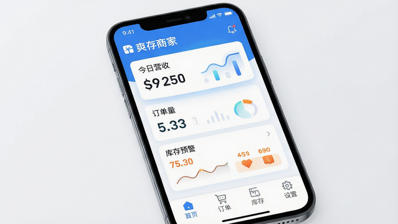 主体为爽存商家App的手机界面展示,布局采用扁平化设计,顶部显示商家名称与状态栏,中部为核心数据看板(今日营收、订单量、库存预警),底部为功能导航栏(首页、订单、库存、设置)。风格为现代简约科技风,色调以清新蓝白为主,细节处体现数据图表的微光效果,画质4k高清,干净无多余元素,文字内容清晰可见如