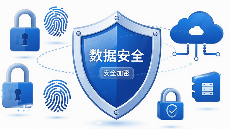 主体为数据安全盾牌图标,布局居中,周围环绕着锁、指纹、云端等安全元素。风格为矢量插画,色调为信任蓝与白色,细节处体现盾牌的光泽与立体感,文字如