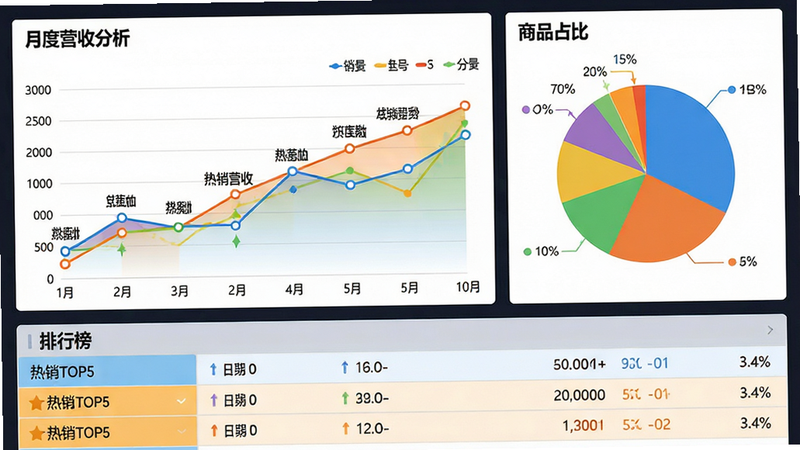 主体为数据报表界面,布局包含多个彩色图表,左侧为销售趋势折线图,右侧为商品占比饼图,下方为排行榜列表。风格为专业数据分析风,色彩鲜明且协调,细节处体现数据点的精确标注,文字如