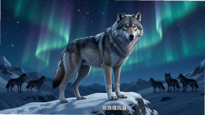 主体为一只写实风格的灰狼站在雪山之巅,背景是壮丽的极光夜空,远处可见狼群剪影,布局居中,排版简洁,风格为写实3D渲染,细节丰富毛发清晰,画质4K高清,干净,无多余元素,文字