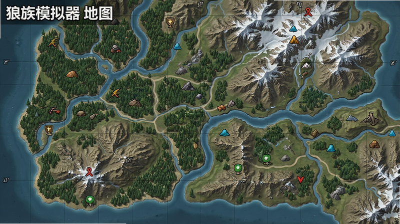 主体为一张俯视视角的开放世界地图,显示森林、雪山、河流等地形,布局广阔,排版清晰,风格为游戏内地图渲染,细节展现地形起伏与资源标记,画质高清,干净,无多余元素,文字