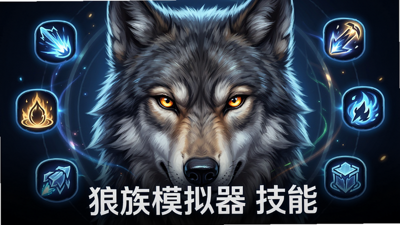 主体为一只狼的特写,眼神锐利,周围环绕着技能图标光效,布局居中,排版对称,风格为游戏UI概念图,细节展现毛发质感与UI发光效果,画质清晰,干净,无多余元素,文字
