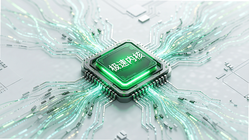 概念设计图,主体是一个发光的绿色核心芯片,周围环绕着高速流动的数据光流,布局呈放射状,科技感强烈,风格现代简约,细节精致,光影效果突出,画质高清,干净,无多余元素,文字