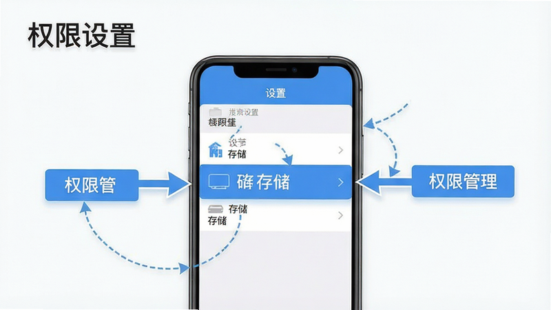 教程示意图,主体是一个手机屏幕,显示设置菜单,高亮显示“权限管理”和“存储”选项,布局清晰,风格扁平化,细节标注箭头,画质清晰,干净,无多余元素,文字