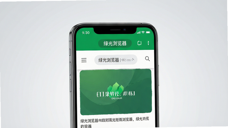 高清写实风格,主体为一部现代智能手机,屏幕显示绿光浏览器界面,界面简洁清爽,顶部有绿色主题色,下方是清晰的网页内容,布局居中,背景为柔和的浅灰色渐变,突出手机主体,细节清晰,画质8k,干净,无多余元素,文字