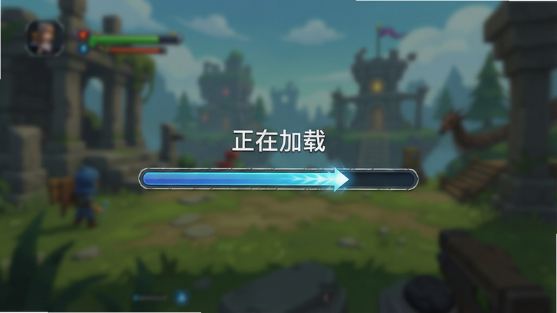 手机屏幕显示游戏加载界面,背景为模糊的游戏场景,前景是清晰的进度条和“正在加载”文字,布局为居中显示,排版简洁,风格为UI设计,细节展示进度条动画效果,画质高清,干净背景,无多余元素