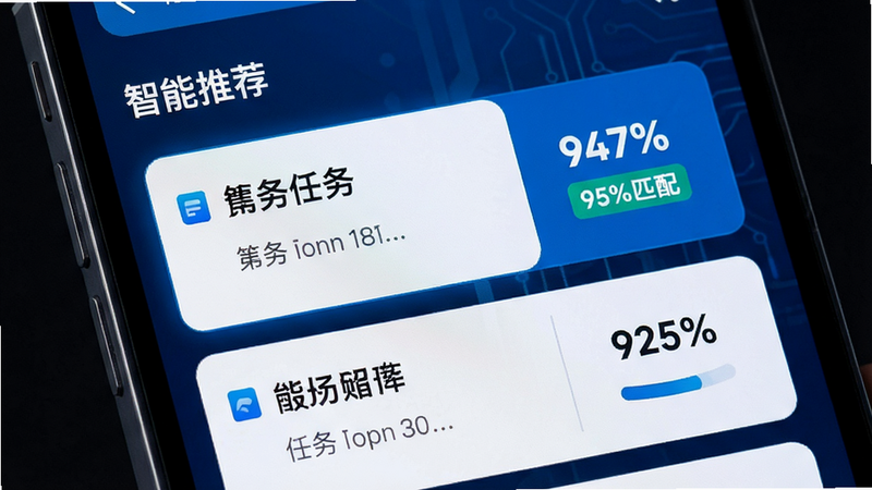 展示手机界面中的“智能推荐”模块,主体为列表式任务卡片,布局左侧为任务摘要,右侧为匹配度百分比,排版紧凑,风格科技感蓝色调,细节显示“95%匹配”标签,画质清晰,干净,无多余装饰