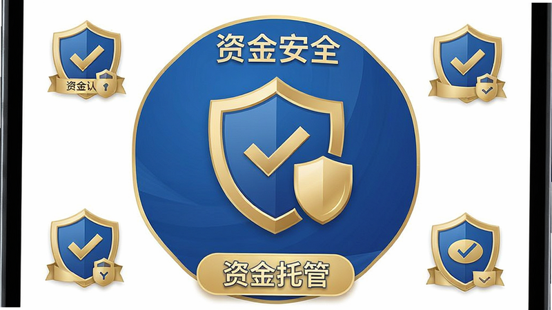 手机界面展示“资金安全”图标与盾牌图形,主体为中央盾牌标志,布局周围环绕安全认证图标,排版对称均衡,风格信任感蓝金配色,细节包含“资金托管”文字标识,画质精致,干净,无背景干扰