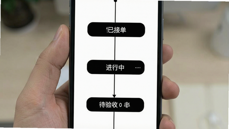 手机界面展示时间轴流程图,主体为垂直排列的步骤节点,布局中心轴线连接各状态点,排版线性清晰,风格简约白底黑字,细节包含“已接单”、“进行中”、“待验收”状态标签,画质高,干净,无杂色