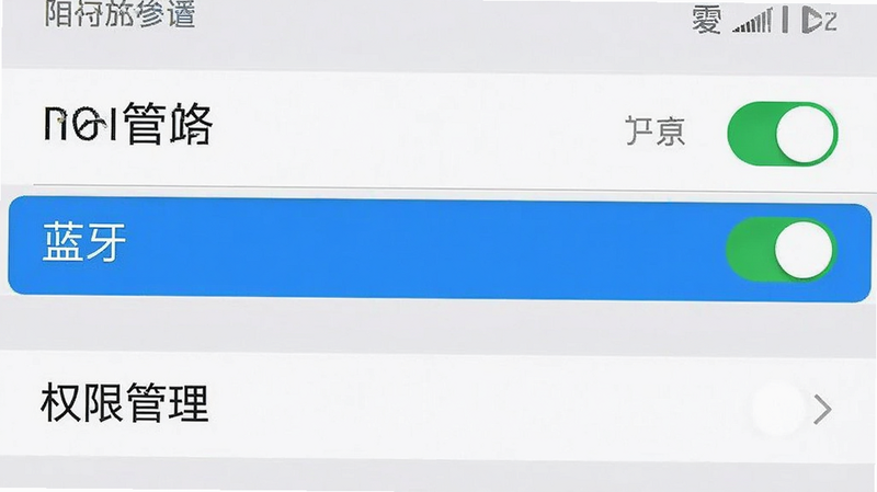 手机设置界面截图,高亮显示“蓝牙”与“权限管理”选项,主体为系统设置菜单,布局清晰,风格系统原生UI,细节可见开关状态,画质清晰,无水印