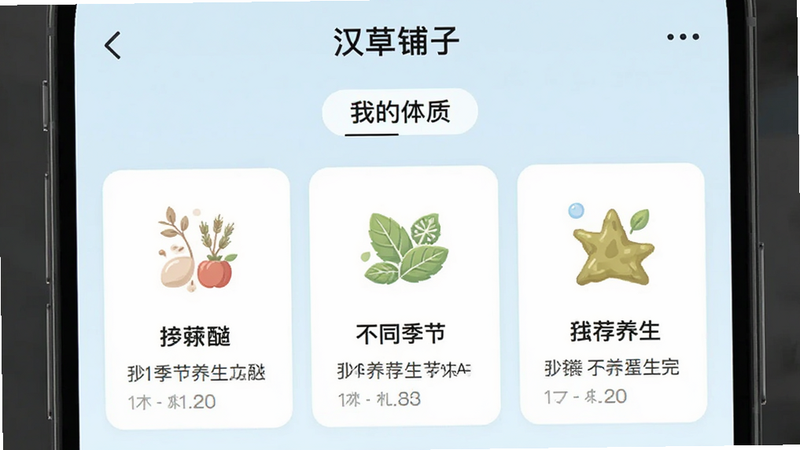 手机应用界面截图,显示“汉草铺子”的个性化推荐页面,顶部有“我的体质”标签,下方展示三个推荐卡片,分别对应不同季节的养生建议,卡片上有季节图标和简短描述,背景为淡蓝色,设计现代简洁,高清,无水印