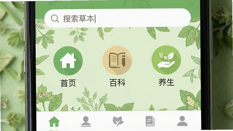 一张高清手机屏幕特写图,显示“汉草铺子”应用的主界面,背景为淡绿色草本植物纹理,界面中央有“首页”、“百科”、“养生”三个主要图标,顶部搜索栏显示文字“搜索草本”,底部有导航栏,整体风格清新自然,扁平化设计,高清,无水印,无多余元素