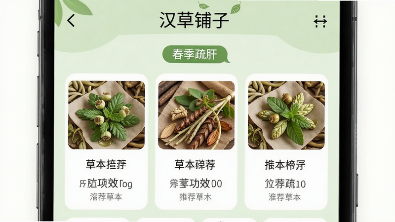 手机应用界面截图,展示“汉草铺子”的养生方案页面,顶部有“春季疏肝”标签,下方列出三种推荐草本及其功效,背景为淡绿色,设计清新,高清,干净,无杂乱元素