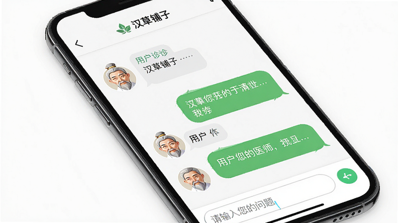 手机应用界面截图,展示“汉草铺子”的在线问诊页面,聊天界面显示用户与医师的对话记录,医师头像为中医形象,气泡框内文字清晰,底部输入框显示“请输入您的问题”,背景为白色,简洁大方,高清,无多余装饰