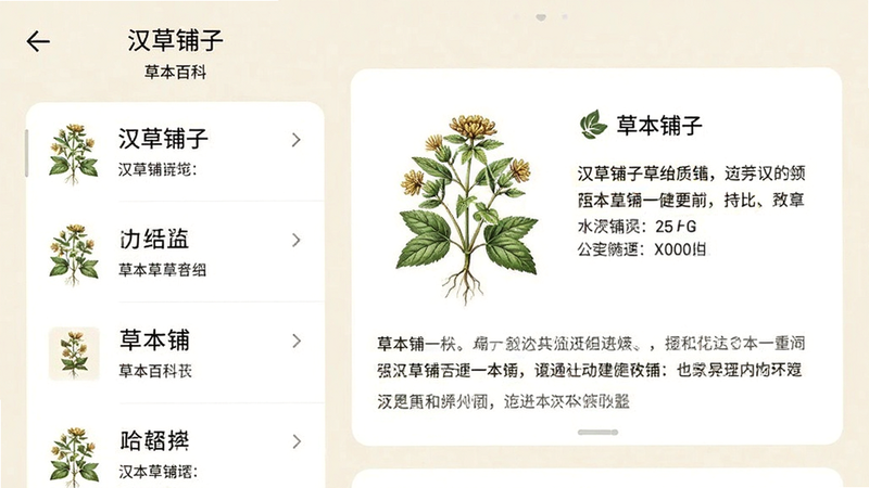 手机应用界面截图,展示“汉草铺子”的草本百科页面,左侧为列表,右侧为详细信息卡片,卡片上有植物插图和文字说明,背景为浅米色,文字清晰可读,布局整齐,高清,干净,无杂乱元素