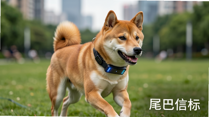 主体为一只戴着智能项圈的柴犬在公园草地上奔跑,背景是模糊的城市公园景观,布局采用中心构图,排版简洁现代,风格为写实摄影风,细节展示项圈上的LED指示灯亮起,画质高清4k,干净无多余元素,文字