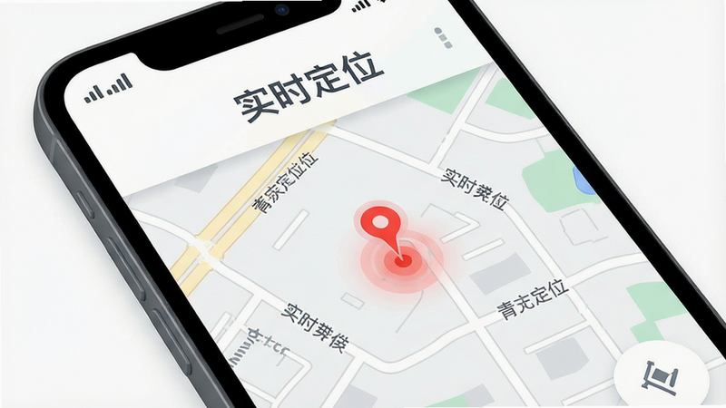 主体为手机屏幕界面,显示地图定位界面,地图上有一个红色光点标记宠物位置,周围有街道名称标注,布局清晰,排版扁平化设计,风格科技感UI,细节展示信号强度图标和电池电量,画质高清,干净,无多余元素,文字