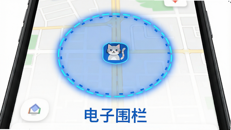主体为手机地图界面,显示一个圆形的蓝色电子围栏区域,区域中心有一只猫的图标,布局中心对称,排版直观,风格简约科技,细节展示围栏边界虚线和高亮效果,画质高清,干净,无多余元素,文字