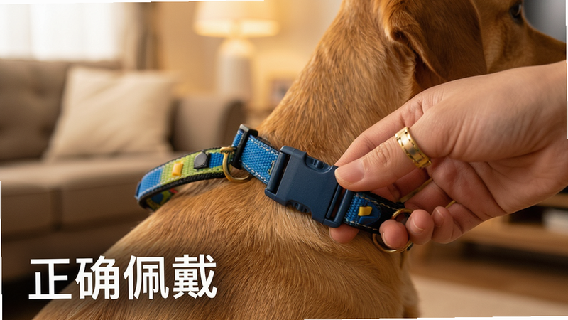 主体为一只手拿着尾巴信标项圈正在靠近宠物颈部,背景为温馨的居家环境,布局特写视角,排版聚焦操作细节,风格生活化摄影,细节展示手指动作和项圈扣具,画质高清,干净,无多余元素,文字