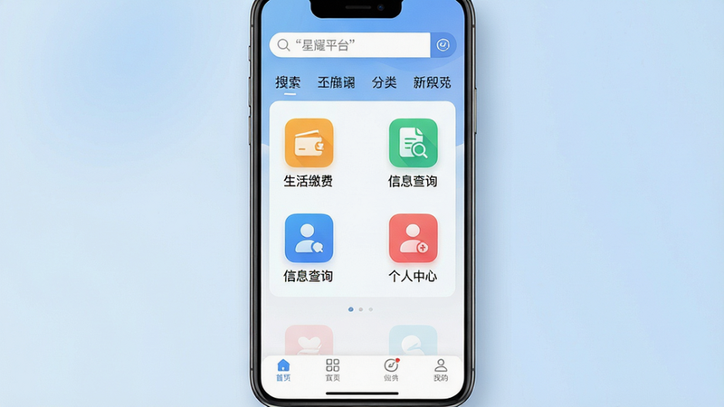 主体为星耀平台APP首页界面截图,背景为柔和的浅蓝色渐变,布局清晰,顶部显示搜索栏和分类导航,中间展示多个功能图标如“生活缴费”、“信息查询”、“个人中心”,图标设计扁平化且色彩鲜明,底部为导航栏,文字清晰可读,整体风格现代简约,细节处有轻微阴影增加立体感,画质高清,干净无多余元素,文字“星耀平台”加引号展示在Logo处