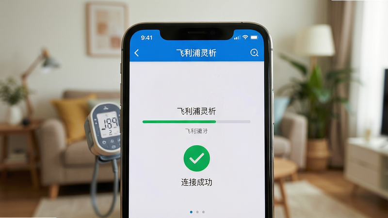 主体为手机屏幕特写,显示“飞利浦灵析”应用正在连接蓝牙血压计的过程,布局居中,背景为模糊的家庭客厅场景,排版清晰,风格写实摄影,细节展示连接进度条和成功图标,画质锐利,光线柔和,文字显示“连接成功”