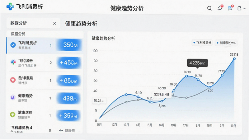 主体为“飞利浦灵析”应用的数据分析页面,布局分为左右两栏,左侧为数据列表,右侧为动态趋势图,排版严谨专业,风格为数字化医疗界面,细节处有蓝色高亮标记重要数据,画质清晰,背景纯白,文字显示“健康趋势分析”