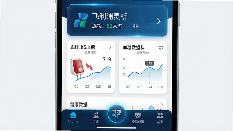主体为“飞利浦灵析家用医疗设备”Android应用界面截图,布局采用卡片式设计,顶部显示设备连接状态,中部展示血压、血糖数据图表,底部为功能导航栏,排版整洁有序,风格为现代医疗极简风,细节处体现蓝色科技光效,画质高清4K,背景干净无多余元素,文字内容包含“飞利浦灵析”及“健康数据”