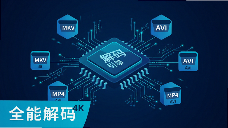 ������һ�������оƬͼ�Σ������������棬��Χ�����Ÿ�����Ƶ��ʽͼ����MKV��MP4��AVI�����ֳʷ���״���Ű����������Ϊ����Ƽ��磬��ɫ����������ɫΪ����ϸ�ڴ����������������ӡ�����Ϊ����ʸ��ͼ��񣬸ɾ���������ʾΪ