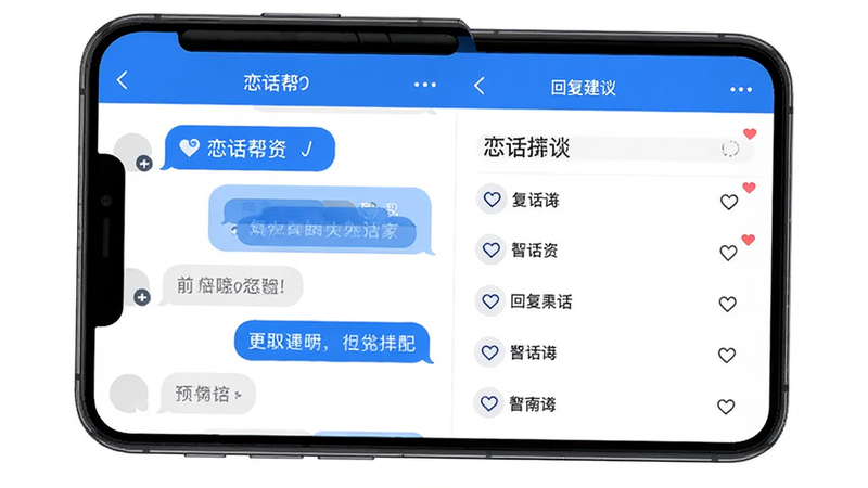 恋话帮APP主界面预览图,主体为手机屏幕展示聊天界面,布局清晰,左侧为消息气泡,右侧为回复建议列表,排版整齐,风格清新简约,蓝色与白色为主色调,细节处有爱心图标点缀,画质高清,干净无多余元素
