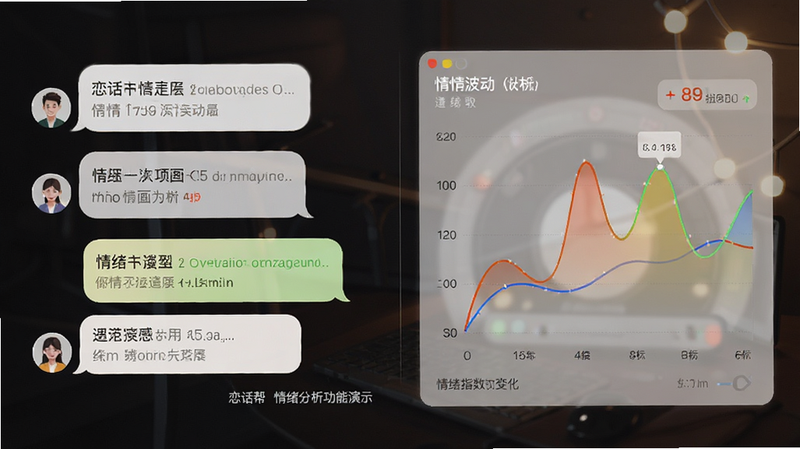 恋话帮情绪分析功能演示图,主体为对话气泡与情绪仪表盘,布局左右分布,左侧为聊天内容,右侧为情绪波动曲线,排版科学,风格专业且温馨,细节显示情绪指数变化,画质高清,干净界面,无杂乱线条