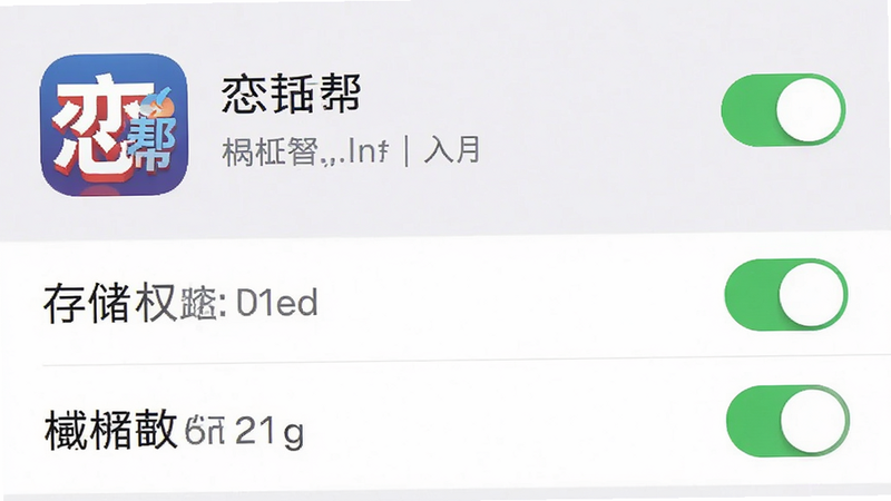 手机设置界面截图,展示权限管理页面,主体为恋话帮应用图标与权限开关,布局列表式,排版清晰,风格标准系统UI,细节显示存储权限开启状态,画质清晰,干净背景,无多余图标