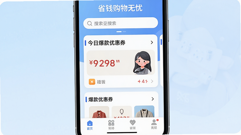 主体为手机屏幕界面,显示“省钱购物无忧”APP首页,背景为浅蓝色渐变,布局清晰,顶部有搜索栏,中部展示“今日爆款优惠券”卡片,底部为导航栏,风格扁平化,细节丰富,画质高清,干净,无多余元素