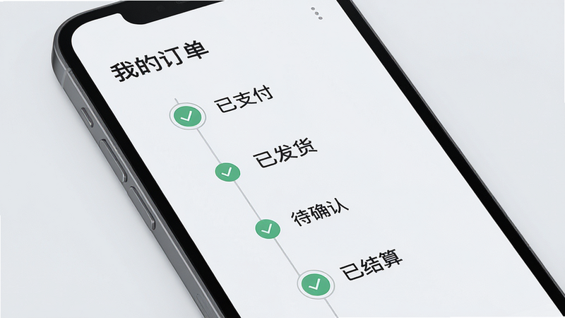 主体为手机屏幕界面,显示“我的订单”模块,背景为淡灰色,布局为时间轴样式,节点包括“已支付”、“已发货”、“待确认”、“已结算”,每个节点配有对勾图标,风格商务简约,细节精致,画质高清,干净,无多余元素