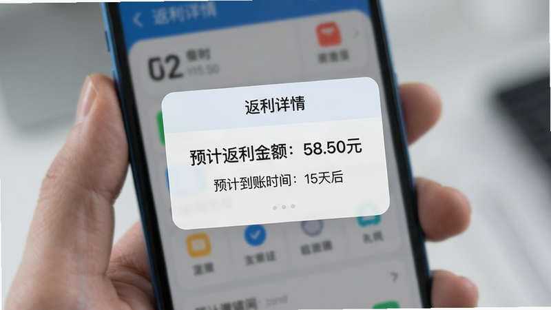 主体为手机屏幕界面,显示“返利详情”弹窗,背景模糊处理,布局为中心对话框,显示“预计返利金额:58.50元”及“预计到账时间:15天后”,风格现代科技感,细节清晰,画质锐利,干净,无多余元素