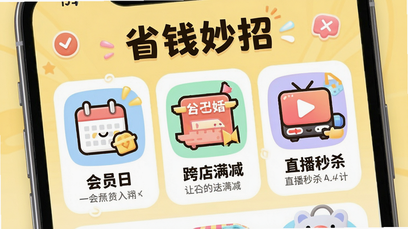 主体为手机屏幕界面,显示“省钱妙招”攻略页,背景为浅黄色,布局为图文结合,包含“会员日”、“跨店满减”、“直播秒杀”三个图标及简短说明,风格活泼可爱,细节丰富,画质高清,干净,无多余元素