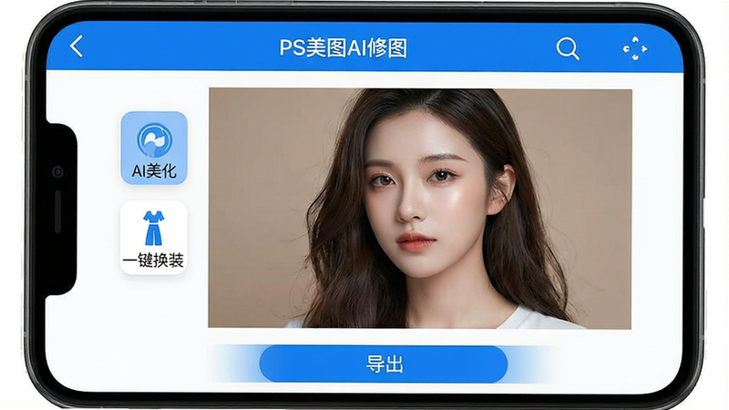 一张展示PS美图AI修图应用界面的高清截图,主体为手机屏幕,布局清晰,顶部显示应用名称'PS美图AI修图',中间区域展示一张正在被AI优化的人像照片,左侧有'AI美化'、'一键换装'等图标按钮,底部有'导出'按钮,风格现代简约,蓝色与白色为主色调,细节丰富,画质4k,干净,无多余元素
