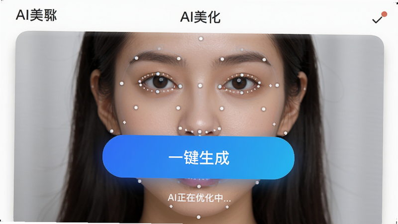 展示'AI美化'一键操作界面的截图,显示一个大的'一键生成'按钮,周围环绕着自动识别出的面部特征点,界面简洁,文字提示'AI正在优化中...',风格现代,高清,无干扰