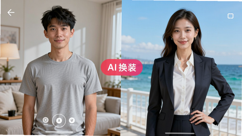 展示AI换装功能的对比图,左边是穿着T恤的用户,右边是同一用户穿着职业装的照片,背景从室内变为海边,界面显示'AI换装'标签,色彩鲜艳,构图平衡,风格写实,画质极高,无伪影