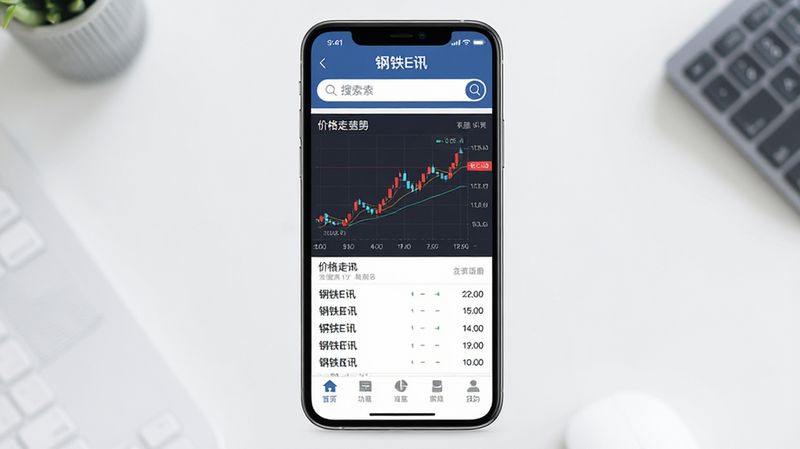 主体为手机屏幕,显示“钢铁E讯”App界面,布局清晰,顶部为搜索栏,中部为价格走势图,底部为功能导航,风格简洁商务,细节包含数据图表与文字列表,画质高清,干净无多余元素