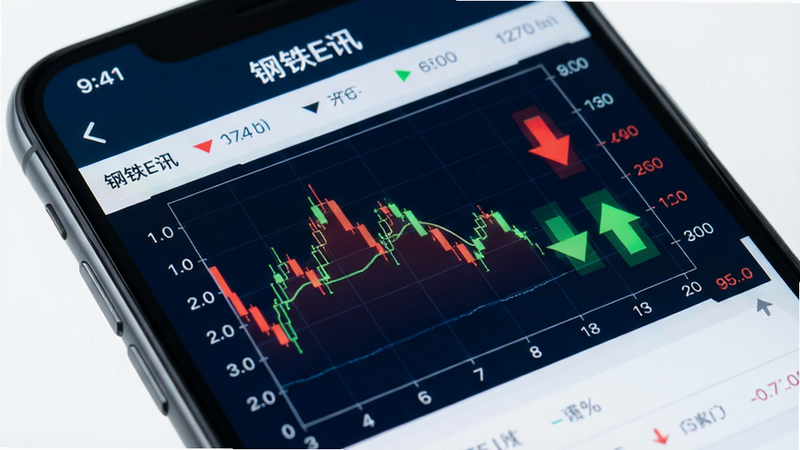 主体为手机界面特写,显示“钢铁E讯”内的价格波动图表,布局紧凑,红色绿色箭头指示涨跌,排版整齐,风格科技感强,细节包含数字与坐标轴,画质清晰,干净无水印