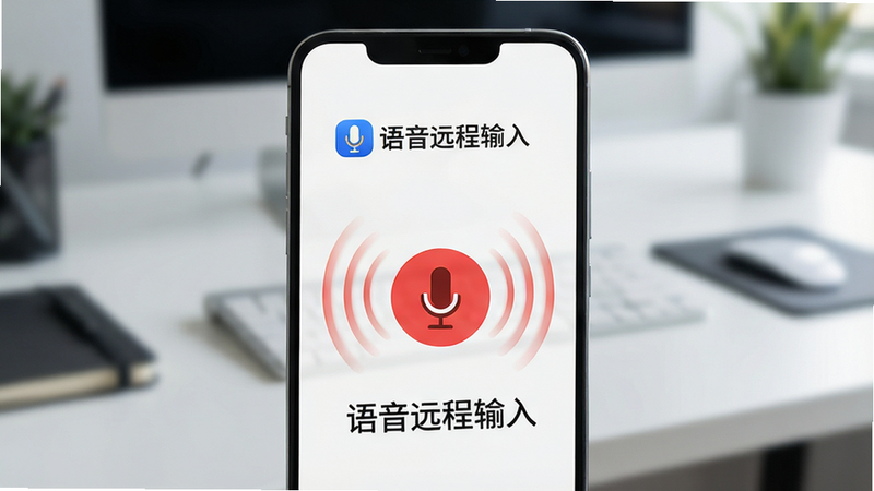 一张展示安卓手机屏幕的写实风格图片,手机界面上显示着“语音远程输入”的Logo,背景是模糊的现代办公桌,屏幕中央有一个红色的麦克风图标正在录音,周围环绕着声波扩散的视觉效果,文字“语音远程输入”清晰可见,整体风格简洁科技,高清,无多余元素