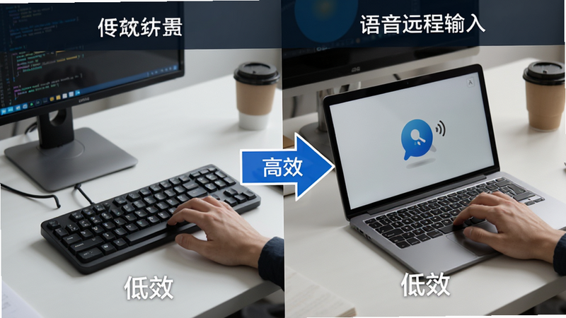 对比图,左侧显示传统键盘输入的低效场景,右侧显示使用“语音远程输入”后的高效场景,中间有箭头连接,文字“高效”与“低效”分别标注,风格商务简约,色彩对比强烈,清晰表达软件价值,高清,无杂乱背景