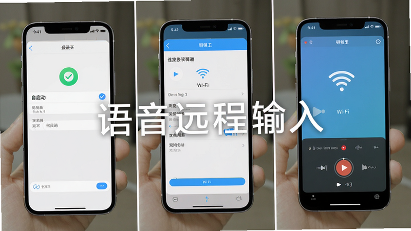教程步骤图,分为三步,第一步显示手机设置界面勾选“自启动”,第二步显示网络设置界面连接Wi-Fi,第三步显示软件主界面正在录音,文字“语音远程输入”贯穿始终,风格简洁明了,图标清晰,色彩搭配和谐,高清,无水印