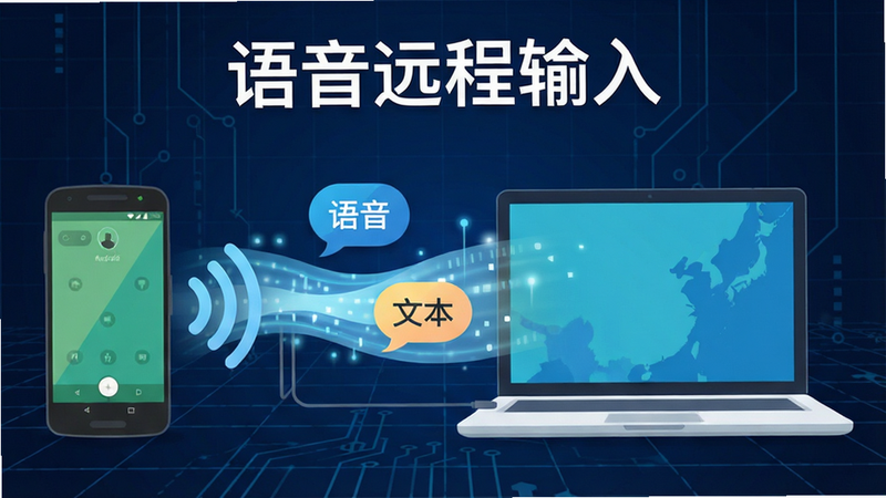 概念图,展示一部安卓手机通过无线信号连接到一台笔记本电脑,中间有流动的数据光束,光束中包含文字气泡“语音”和“文本”,背景为深蓝色科技网格,文字“语音远程输入”位于顶部,风格扁平化,色彩鲜明,干净,高清晰度